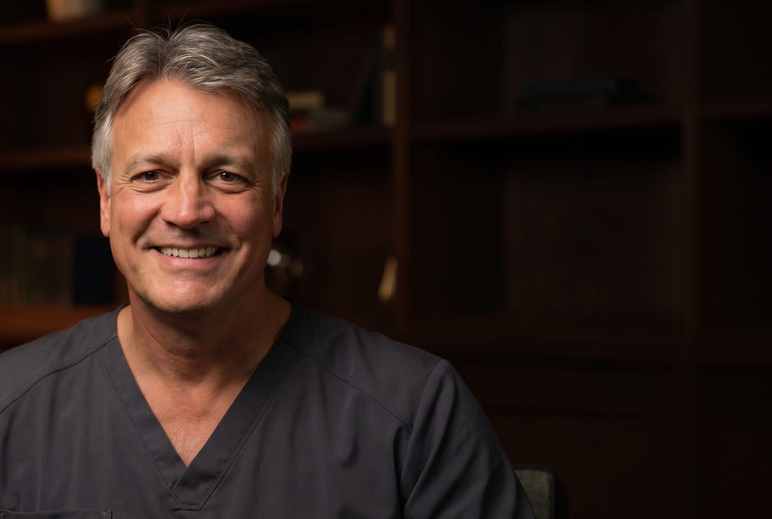 Michael Scarano smiling, seated in a book-lined study