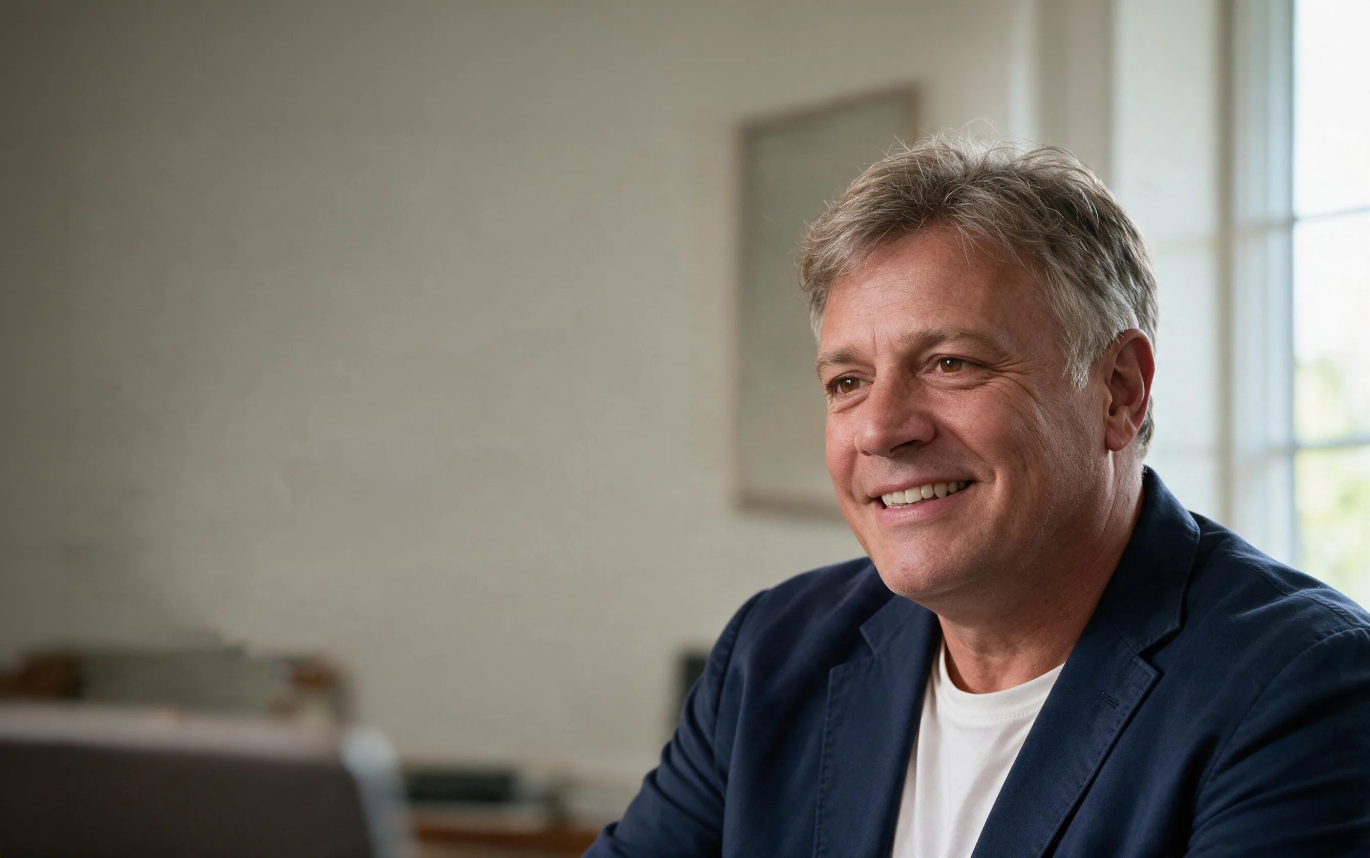 Michael Scarano in a blue shirt, seated in his home office, looking into the light