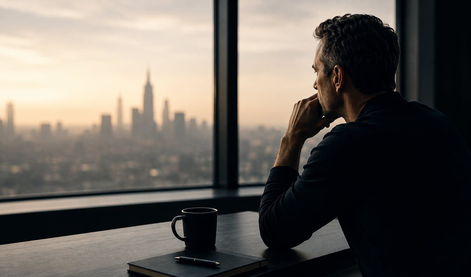 Michael Scarano seated at a window, looking out over a city skyline at dusk